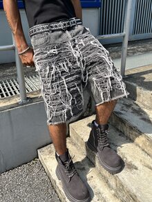 GALLERY FADE 男士原色毛邊斜口袋牛仔短褲 - 深灰色 - 查看 5