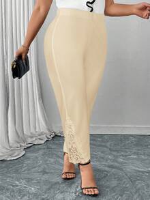 Reflora Plus Minimalist Contrast Guipure Lace Solid Pants - Apricot - View 3