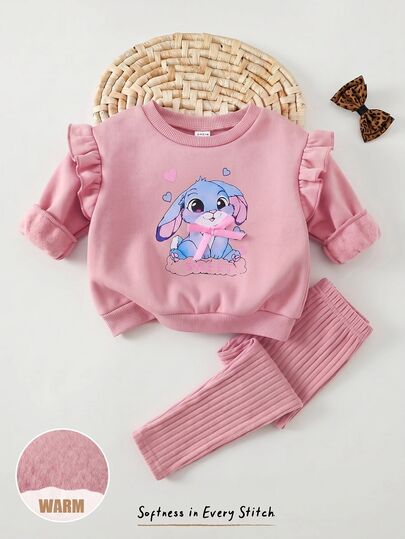 Cozy Pixies Setelan Baju Bayi Perempuan Balita Motif Kartun Hewan Macan Tutul Kucing Rajut Lembut Leher Bulat Lengan Panjang Lengan Berkerut Pullover Sweatshirt Pinggang Elastis Celana Panjang Slim Fit 2 Potong Pakaian Lucu
