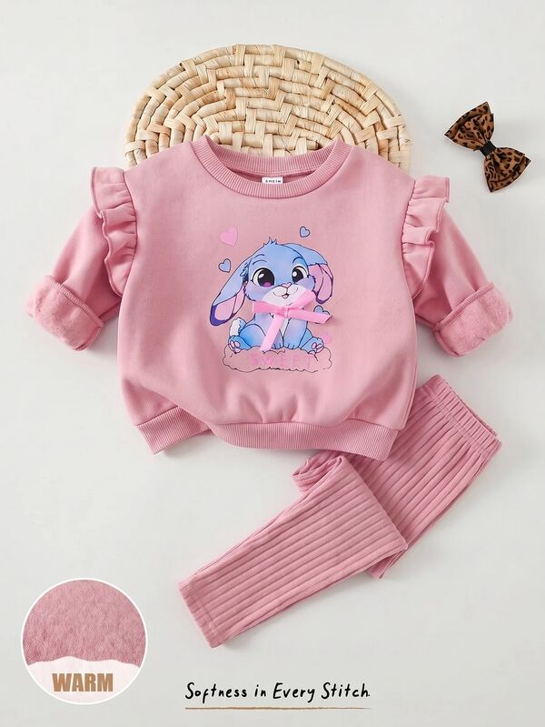 Cozy Pixies Setelan Baju Bayi Perempuan Balita Motif Kartun Hewan Macan Tutul Kucing Rajut Lembut Leher Bulat Lengan Panjang Lengan Berkerut Pullover Sweatshirt Pinggang Elastis Celana Panjang Slim Fit 2 Potong Pakaian Lucu