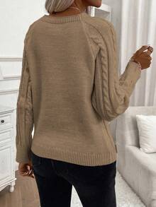 EMERY ROSE Cable Knit Raglan Sleeve Button Detail Sweater - Camel - View 2