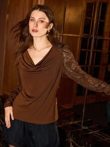 MOTF PREMIUM ELEGANT COWL NECK CONTRAST LACE LANTERN SLEEVE VINTAGE AUTUMN/WINTER LONG SLEEVE TOP - Brown - View 3