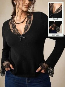 Nubod Atasan Rajut Pullover Elegan Ukuran Plus dengan Kerah V Berenda untuk Acara Komuter, Makan Malam, Pernikahan, dan Tamu, Warna Hitam untuk Musim Gugur dan Musim Dingin - Hitam - View 7