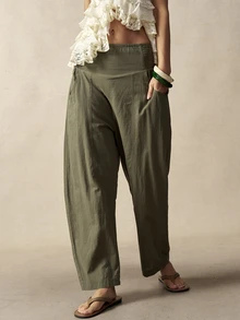 Bohemela Plus Size Casual Versatile Elastic Waist Pants With Pockets Fall - Army Green - View 3