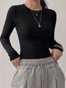 DAZY Solid Ribbed Knit Crop Top - Black - View 2
