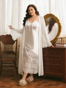 Côtesoire Plus Contrast Lace Flounce Sleeve Knot Front Robe & Cami Sleep Dress PJ Set - White - View 6