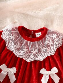 SHEIN 2件組新生女嬰天鵝絨公主洋裝，甜美紅色蕾絲領結蝴蝶結荷葉邊長袖圓領 A 字版毛絨冬秋聖誕派對裙 - 紅色 - 查看 6