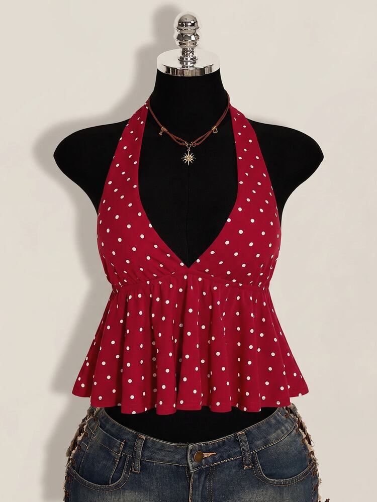 SHEIN ICON Women Red Going Out Sexy Holiday Polka Dot Print Ruffle Hem Halter Neck Tank Tops & Camis - Red - View 8