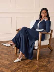 Lilora Gaun Berkerah V dengan Trim Kontras dan Sabuk - Navy Blue - View 3