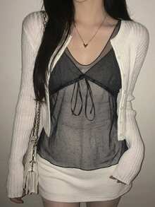 DAZY Solid Button Front Bustier 2 In 1 Cami Top - Dark Grey - View 5