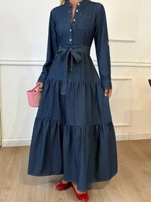 Livesso Tall Women's Long Sleeve Cinched Cinched Waist Front Long Denim Dress With Small Stand Collar Fall - Dark Wash - View 3