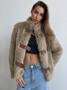 Aloruh 秋冬款女款小立領修身長袖人造毛大衣，鈕扣開襟，杏色 - 駝色 - 查看 6