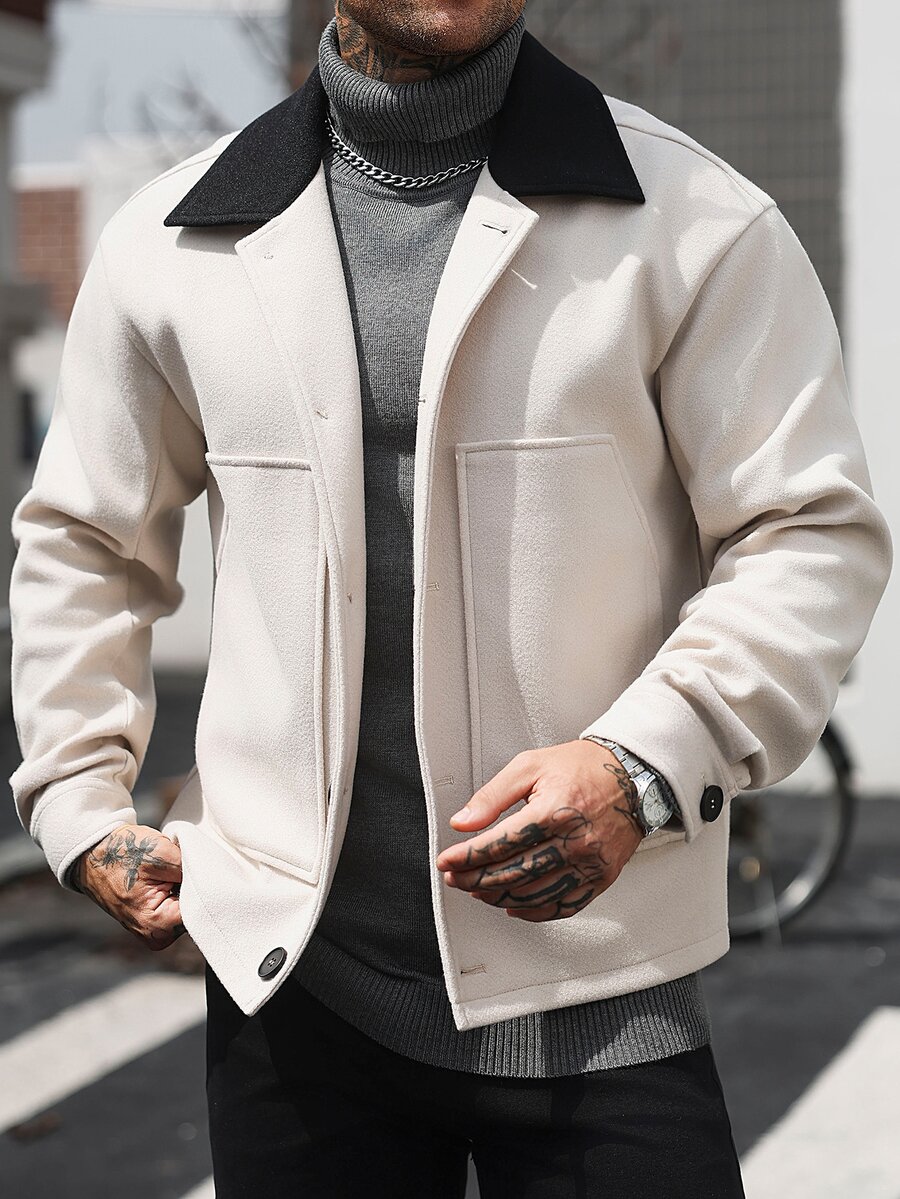 Manfinity Homme Men's Fashion Versatile Button Pocket Long Sleeve Overcoat - Apricot - View 1