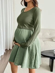 SHEIN Vestido de lactancia de maternidad con bloques de color y patchwork - Verde - Ver 8