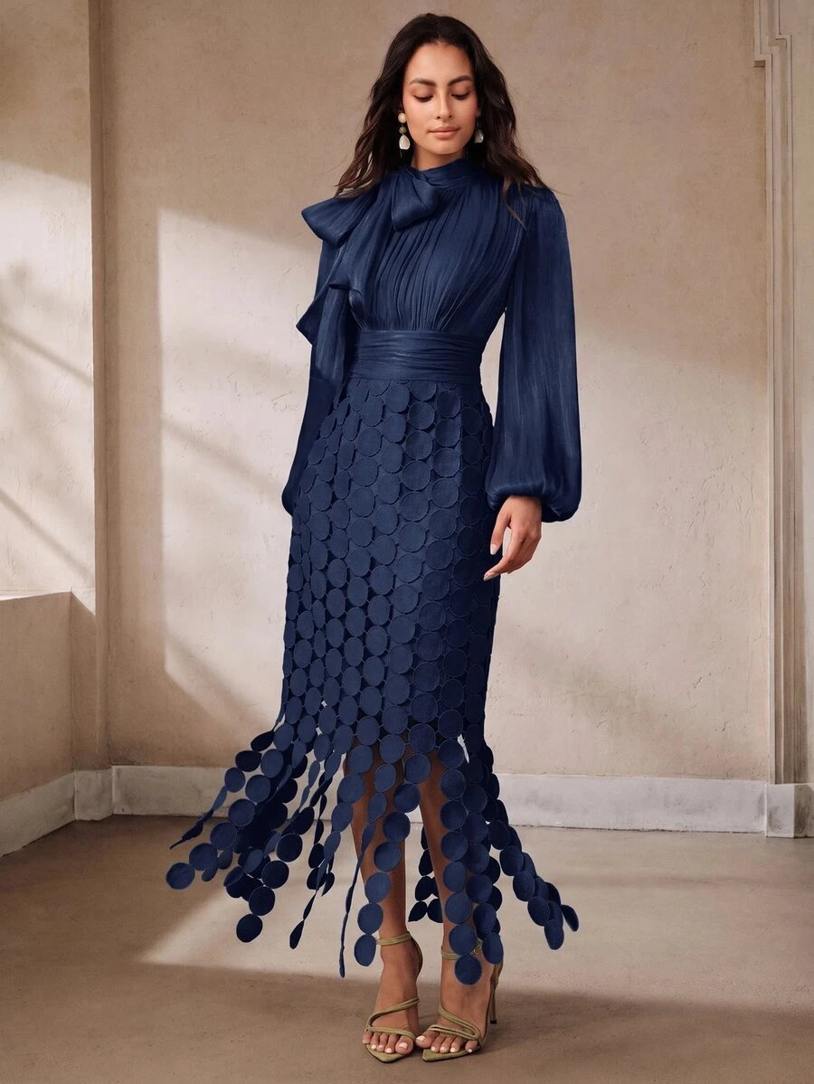 Anewsta Tie Neck Lantern Sleeve Fringe Hem Dress - Navy Blue - View 1