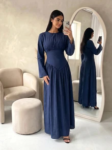 Veilorie Solid Ruched Bust Flowy Hem Arabian Dress - Blue - View 10