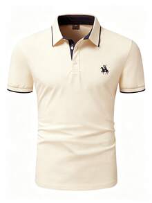 Calvornis Plus Horse Pattern Contrast Trim Polo Shirt - Beige - View 6