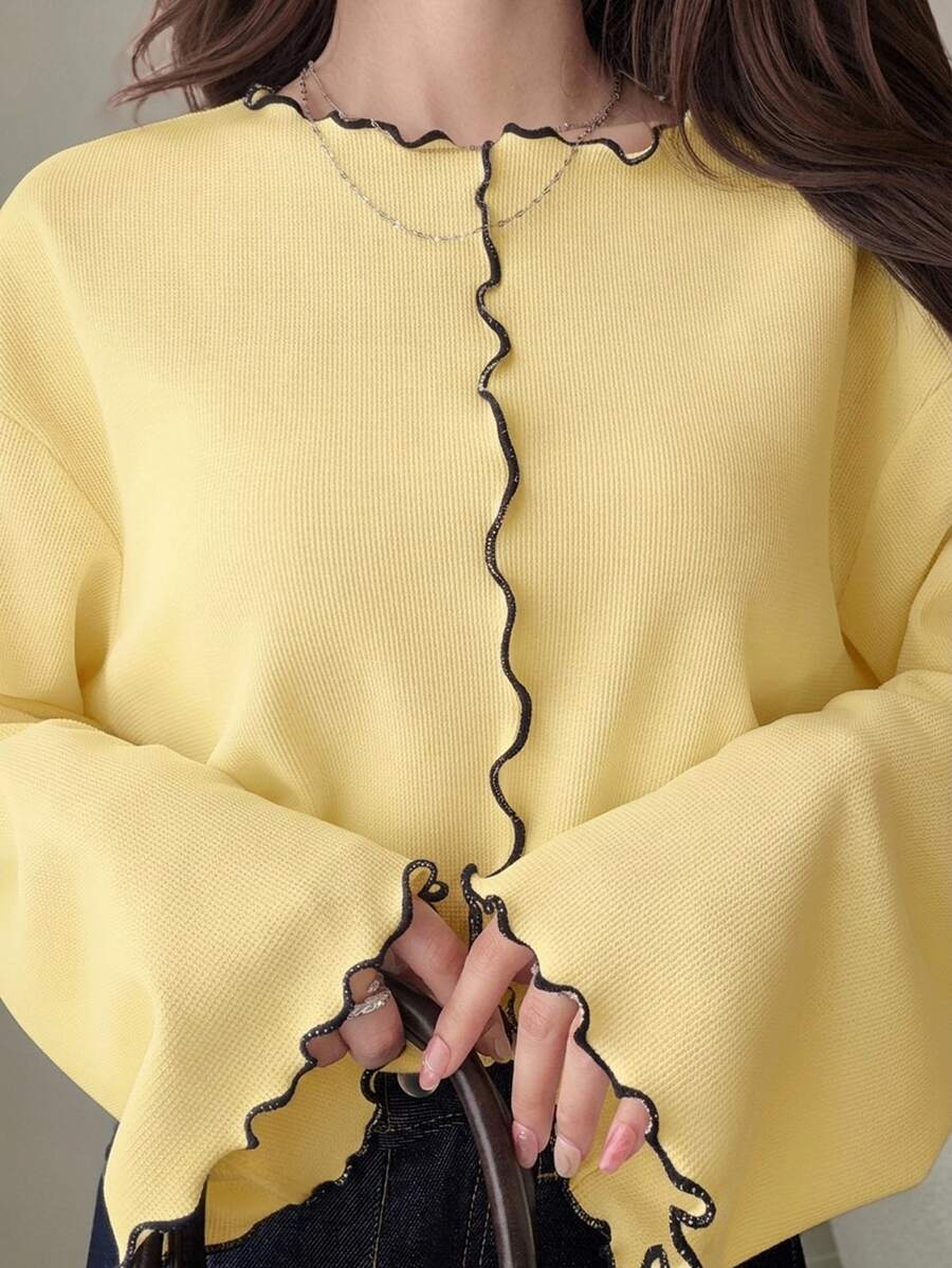 FRIFUL Contrast Trim Drop Shoulder Tee - Yellow - View 1