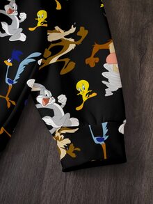 LOONEY TUNES X SHEIN 大尺碼卡通圖案落肩連帽衛衣 - 白色 - 查看 5
