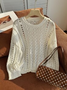 Comfortcana Plus Solid Pointelle Knit Sweater Fall - White - View 3