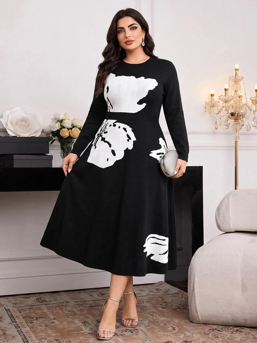 Modelyn Plus Size Casual Colorblock Knit Dress, Autumn/Winter - Multicolor - View 1