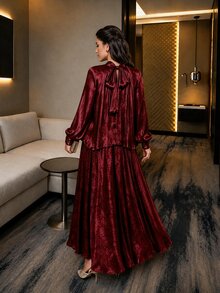 SHEIN Lady Plus Size Elegant Party Top & Skirt 2 Pieces Set - Burgundy - View 2