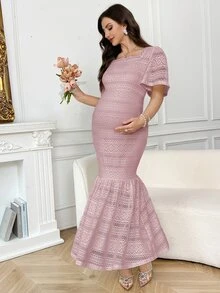 SHEIN 孕婦方領短袖魚尾下擺優雅浪漫性感洋裝，適合婚禮拍照，粉色夏季款 - 粉色 - 查看 3
