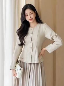 DAZY Women's Solid Color Single-Breasted Ruffle Hem Elegant Blouse Fall - Apricot - View 6