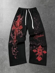 ROMWE MEN Goth Men's Letter & Cross Print Drawstring Waist Casual Sweatpants - Black - View 5
