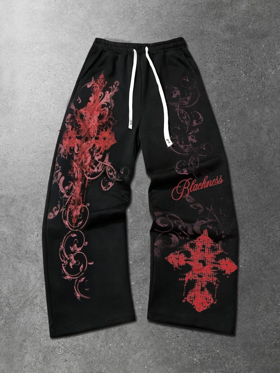 ROMWE MEN Goth Men's Letter & Cross Print Drawstring Waist Casual Sweatpants - Black - View 1