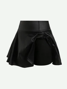 SHEIN 青少年女孩純色PU皮革喇叭下擺裙 - 黑色 - 查看 3