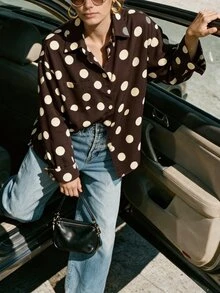 Franclia Polka Dot Print Button Front Shirt - Coffee Brown - View 5