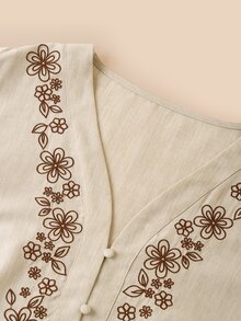 Elaquor Plus Floral Embroidery Flounce Sleeve Blouse Fall - Apricot - View 6