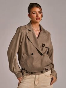 SHEIN BAE Solid Double Breasted Placket Crop Trench Coat - Rust Brown - View 5
