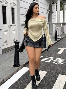 Muchica 大尺碼女款條紋針織露肩長袖休閒修身T恤，適合初秋穿著 - 彩色 - 查看 5
