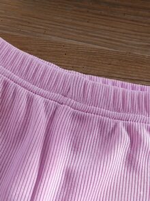 SHEIN Playful Pals 2件組女嬰春夏秋季奶油色與粉色甜美溫柔風 3D針織蝴蝶結滿版印花圓領長袖上衣與直條紋修身長褲套裝，寬鬆舒適，適合日常穿著、戶外玩耍、家庭聚會、1歲生日派對、拍照拍攝 - 紫色 - 查看 4