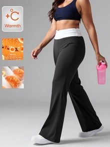 SHEIN Core Rhythm Celana Olahraga Plus Size Kontras Kerut Pinggang Lebar Kaki Flare Gaya Kawaii untuk Gym Hitam dan Putih Musim Dingin - Hitam dan Putih - View 1