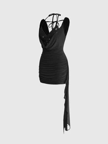 ROMWE Y2K Draped Front Halter Top & Ruched Side Dress - Black - View 5