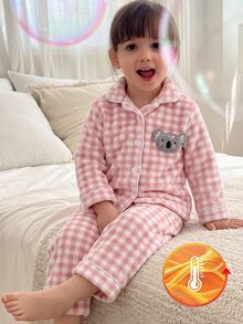 1套女嬰可愛愛心刺繡格紋翻領長袖上衣與長褲舒適毛絨秋冬睡衣休閒粉色與白色家居服 - 粉色 - 查看 9