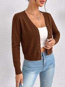 SHEIN PETITE Women Lightweight Cardigans - Chocolate Brown - View 1