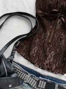 Attitoon Frill Trim Knot Front Lace Top - Brown - View 6