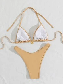 SHEIN Swim Bikini Segitiga Halter Berpayet untuk Pantai Musim Panas - Emas - View 2