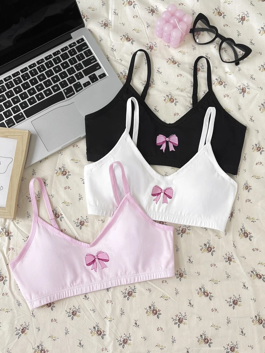 SHEIN Teen Girls Teen Girl Black White Pink 3 Pieces/Multi-Piece Set Simple Camisole Bra With Padding Underwear Set, Comfortable Solid Color Home Wear For Girls - Multicolor - View 1