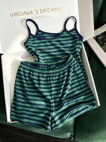 Franclia 女款休閒條紋細肩帶上衣與短褲度假兩件套 - 綠色 - 查看 5