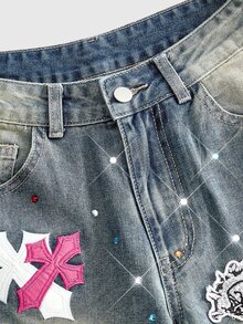 ROMWE Grunge Punk Cross Patched Detail Washed Denim Shorts - Dusty Blue - View 3