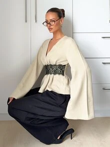 Siren Gaze Lantern Sleeve Peplum Blouse - Apricot - View 5