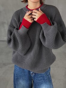 FRIFUL Sweater Kasual Longgar Lengan Panjang Model Bahu Jatuh untuk Wanita di Musim Dingin - Grey - View 6
