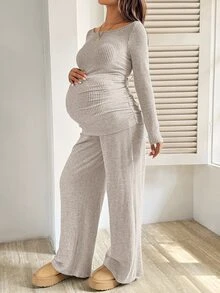SHEIN 孕婦純色不對稱肩長袖T恤與可調腰長褲兩件套 - 杏色 - 查看 4