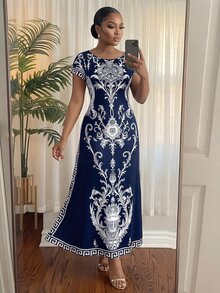 SHEIN Lady 大尺碼深藍色夏季優雅正式晚宴洋裝 - 藏蓝色 - 查看 6