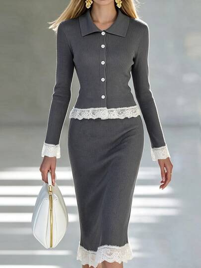 LUMIGAL Contrast Lace Trim Cardigan & Knit Skirt